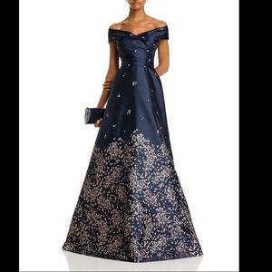 Teri Jon by Rickie Freeman Navy Embroidered Jacquard Off-the-Shoulder Gown